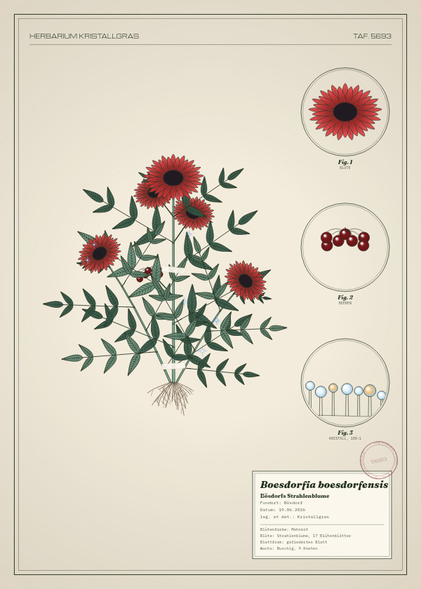 Botanische Tafel: Boesdorfia boesdorfensis, eine erfundene Pflanze aus Bösdorf, gezeichnet wie in einem alten Pflanzenatlas