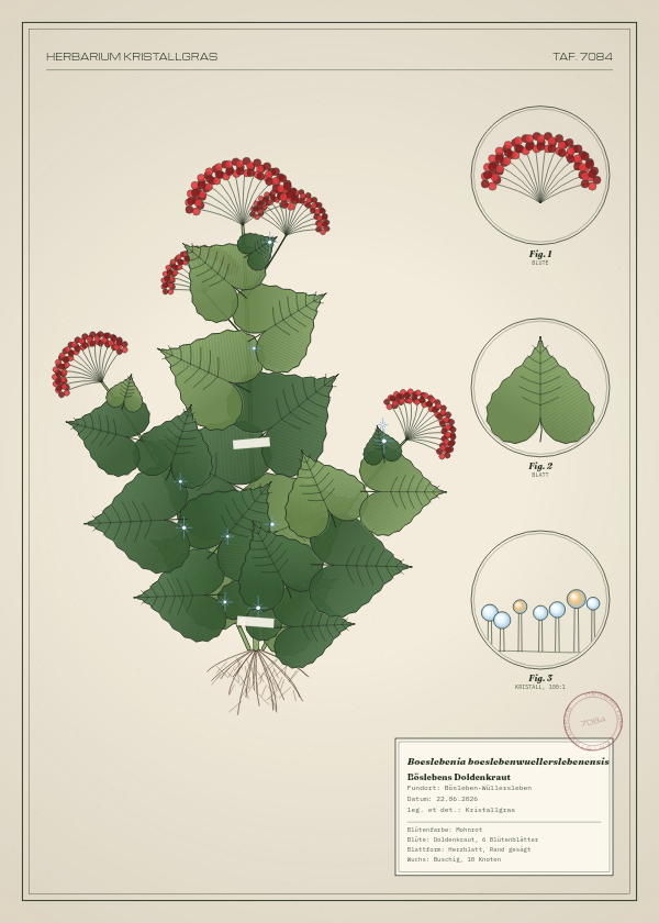 Botanische Tafel: Boeslebenia boeslebenwuellerslebenensis, eine erfundene Pflanze aus Bösleben-Wüllersleben, gezeichnet wie in einem alten Pflanzenatlas