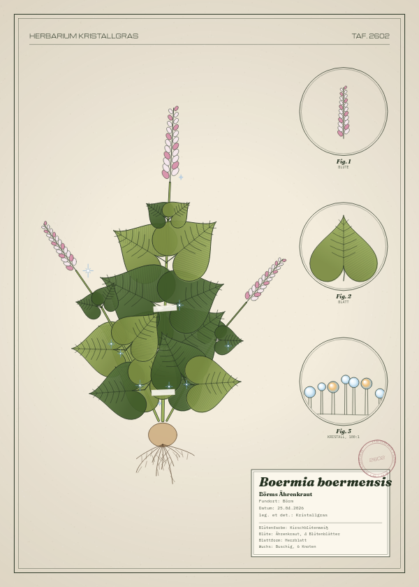 Botanische Tafel: Boermia boermensis, eine erfundene Pflanze aus Börm, gezeichnet wie in einem alten Pflanzenatlas