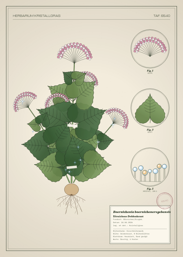 Botanische Tafel: Boernichenia boernichenerzgebensis, eine erfundene Pflanze aus Börnichen/Erzgeb., gezeichnet wie in einem alten Pflanzenatlas