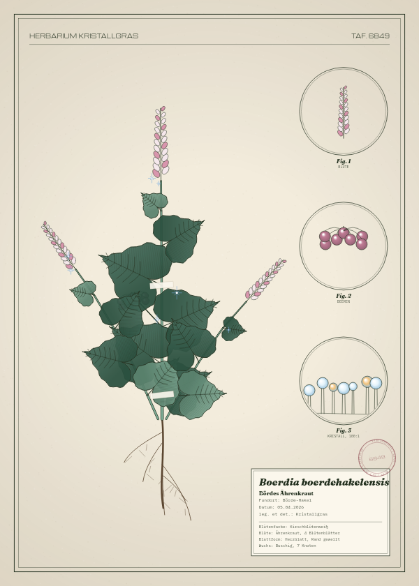 Botanische Tafel: Boerdia boerdehakelensis, eine erfundene Pflanze aus Börde-Hakel, gezeichnet wie in einem alten Pflanzenatlas