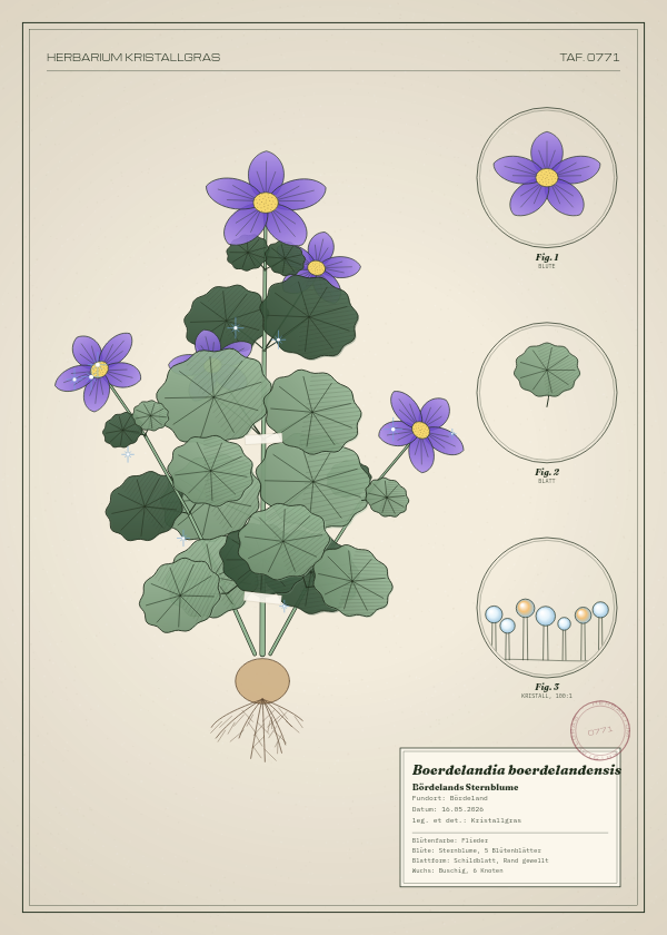 Botanische Tafel: Boerdelandia boerdelandensis, eine erfundene Pflanze aus Bördeland, gezeichnet wie in einem alten Pflanzenatlas