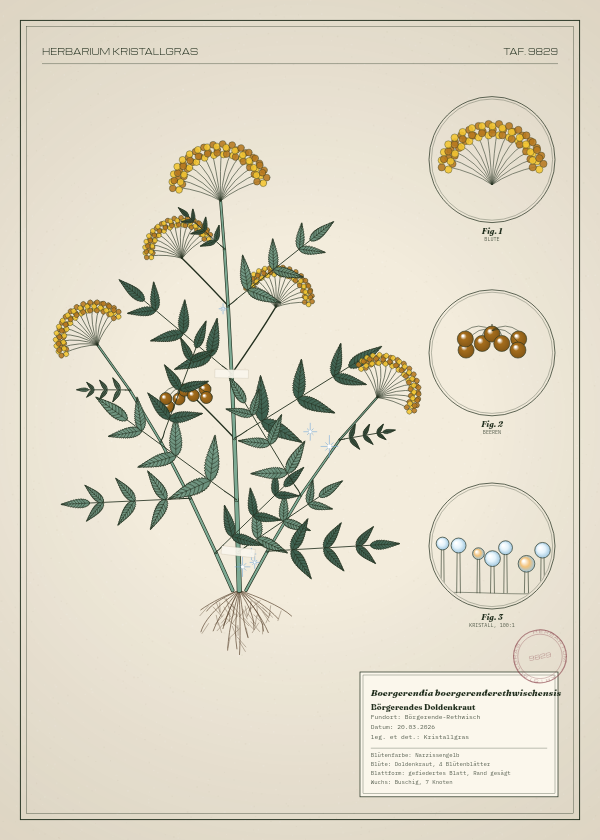 Botanische Tafel: Boergerendia boergerenderethwischensis, eine erfundene Pflanze aus Börgerende-Rethwisch, gezeichnet wie in einem alten Pflanzenatlas