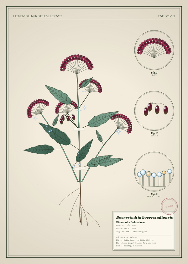 Botanische Tafel: Boerrstadtia boerrstadtensis, eine erfundene Pflanze aus Börrstadt, gezeichnet wie in einem alten Pflanzenatlas