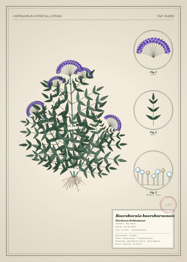 Botanische Tafel: Boersbornia boersbornensis, eine erfundene Pflanze aus Börsborn, gezeichnet wie in einem alten Pflanzenatlas