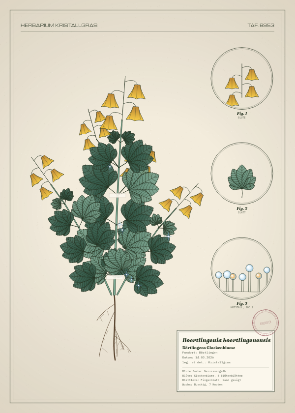 Botanische Tafel: Boertlingenia boertlingenensis, eine erfundene Pflanze aus Börtlingen, gezeichnet wie in einem alten Pflanzenatlas