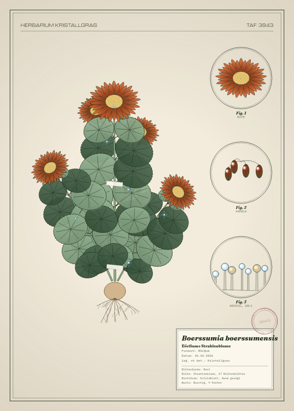 Botanische Tafel: Boerssumia boerssumensis, eine erfundene Pflanze aus Börßum, gezeichnet wie in einem alten Pflanzenatlas
