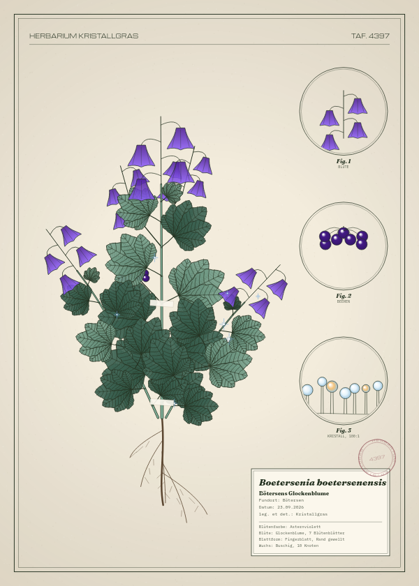 Botanische Tafel: Boetersenia boetersenensis, eine erfundene Pflanze aus Bötersen, gezeichnet wie in einem alten Pflanzenatlas