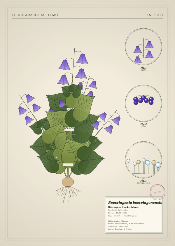 Botanische Tafel: Boetzingenia boetzingenensis, eine erfundene Pflanze aus Bötzingen, gezeichnet wie in einem alten Pflanzenatlas