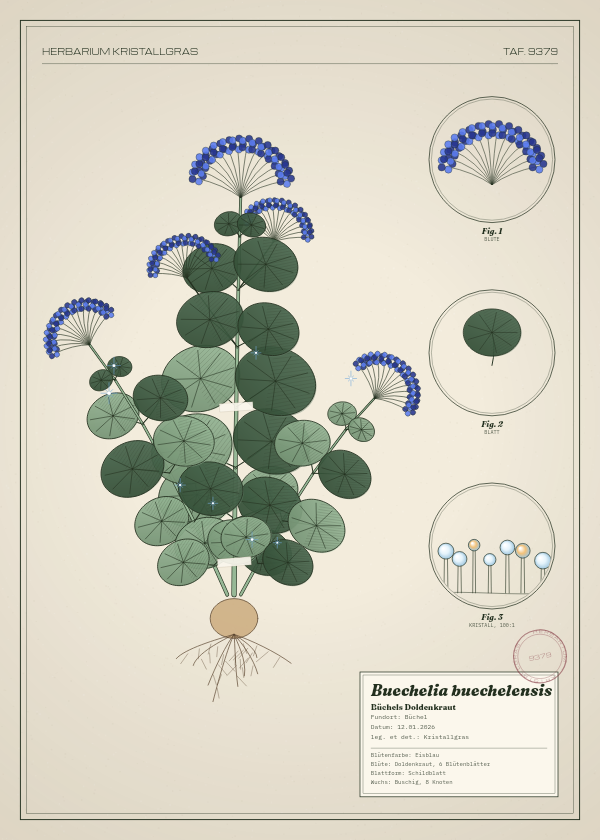 Botanische Tafel: Buechelia buechelensis, eine erfundene Pflanze aus Büchel, gezeichnet wie in einem alten Pflanzenatlas
