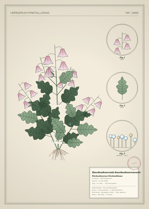 Botanische Tafel: Buechenbeurenia buechenbeurenensis, eine erfundene Pflanze aus Büchenbeuren, gezeichnet wie in einem alten Pflanzenatlas