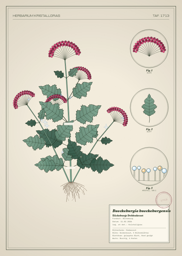 Botanische Tafel: Bueckeburgia bueckeburgensis, eine erfundene Pflanze aus Bückeburg, gezeichnet wie in einem alten Pflanzenatlas