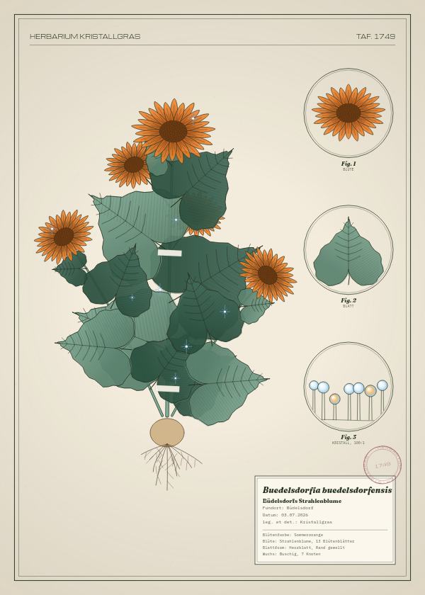 Botanische Tafel: Buedelsdorfia buedelsdorfensis, eine erfundene Pflanze aus Büdelsdorf, gezeichnet wie in einem alten Pflanzenatlas