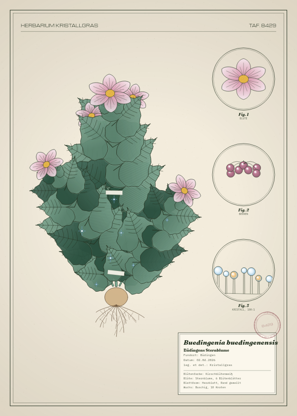 Botanische Tafel: Buedingenia buedingenensis, eine erfundene Pflanze aus Büdingen, gezeichnet wie in einem alten Pflanzenatlas