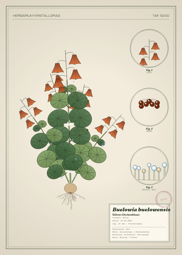 Botanische Tafel: Buelowia buelowensis, eine erfundene Pflanze aus Bülow, gezeichnet wie in einem alten Pflanzenatlas