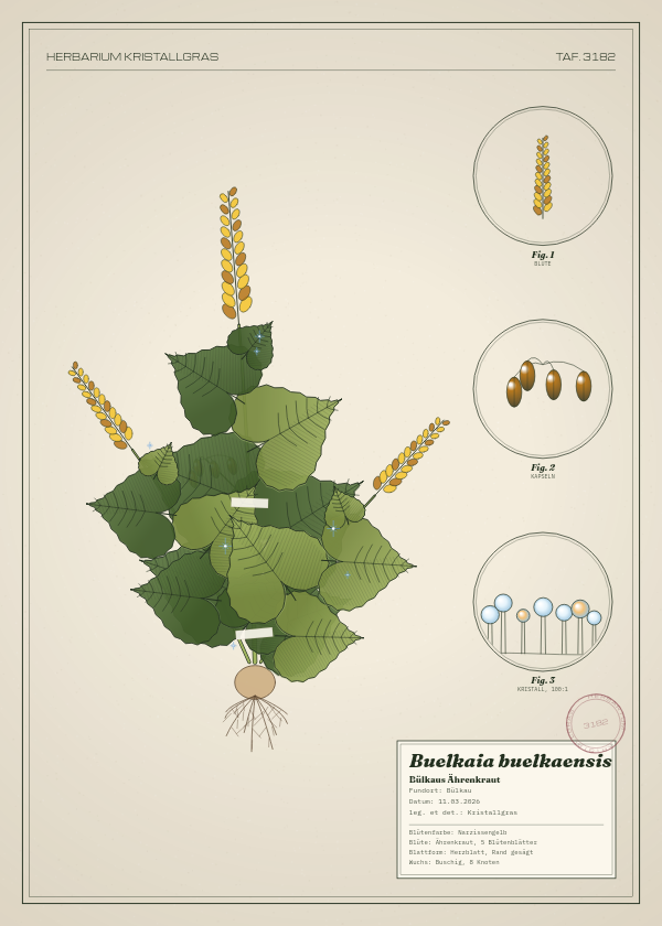 Botanische Tafel: Buelkaia buelkaensis, eine erfundene Pflanze aus Bülkau, gezeichnet wie in einem alten Pflanzenatlas
