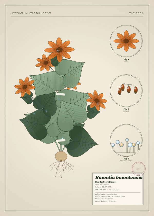 Botanische Tafel: Buendia buendensis, eine erfundene Pflanze aus Bünde, gezeichnet wie in einem alten Pflanzenatlas