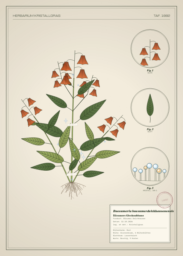 Botanische Tafel: Buesumeria buesumerdeichhausenensis, eine erfundene Pflanze aus Büsumer Deichhausen, gezeichnet wie in einem alten Pflanzenatlas