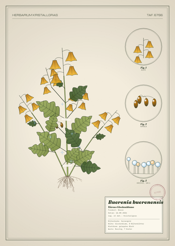 Botanische Tafel: Buerenia buerenensis, eine erfundene Pflanze aus Büren, gezeichnet wie in einem alten Pflanzenatlas