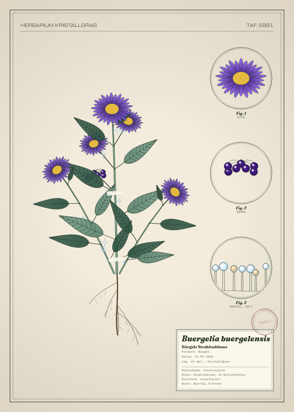 Botanische Tafel: Buergelia buergelensis, eine erfundene Pflanze aus Bürgel, gezeichnet wie in einem alten Pflanzenatlas
