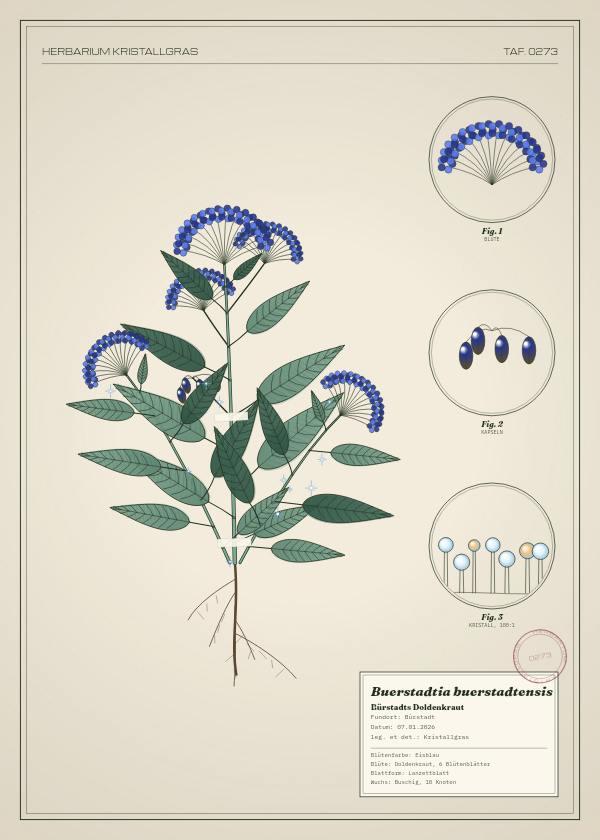 Botanische Tafel: Buerstadtia buerstadtensis, eine erfundene Pflanze aus Bürstadt, gezeichnet wie in einem alten Pflanzenatlas