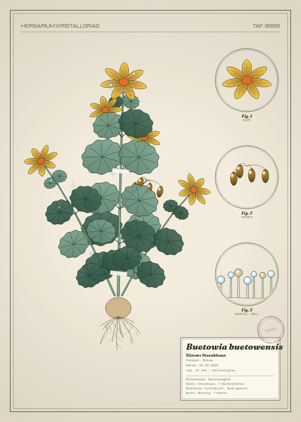 Botanische Tafel: Buetowia buetowensis, eine erfundene Pflanze aus Bütow, gezeichnet wie in einem alten Pflanzenatlas