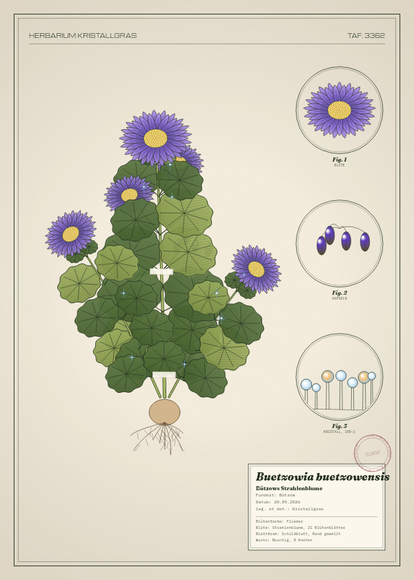 Botanische Tafel: Buetzowia buetzowensis, eine erfundene Pflanze aus Bützow, gezeichnet wie in einem alten Pflanzenatlas