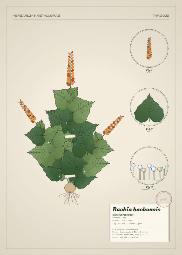 Botanische Tafel: Baekia baekensis, eine erfundene Pflanze aus Bäk, gezeichnet wie in einem alten Pflanzenatlas