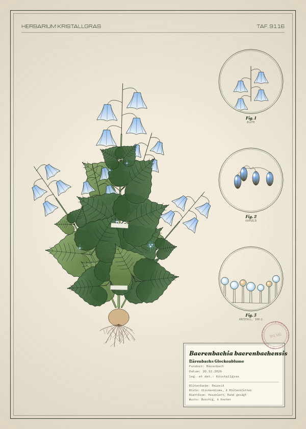 Botanische Tafel: Baerenbachia baerenbachensis, eine erfundene Pflanze aus Bärenbach, gezeichnet wie in einem alten Pflanzenatlas