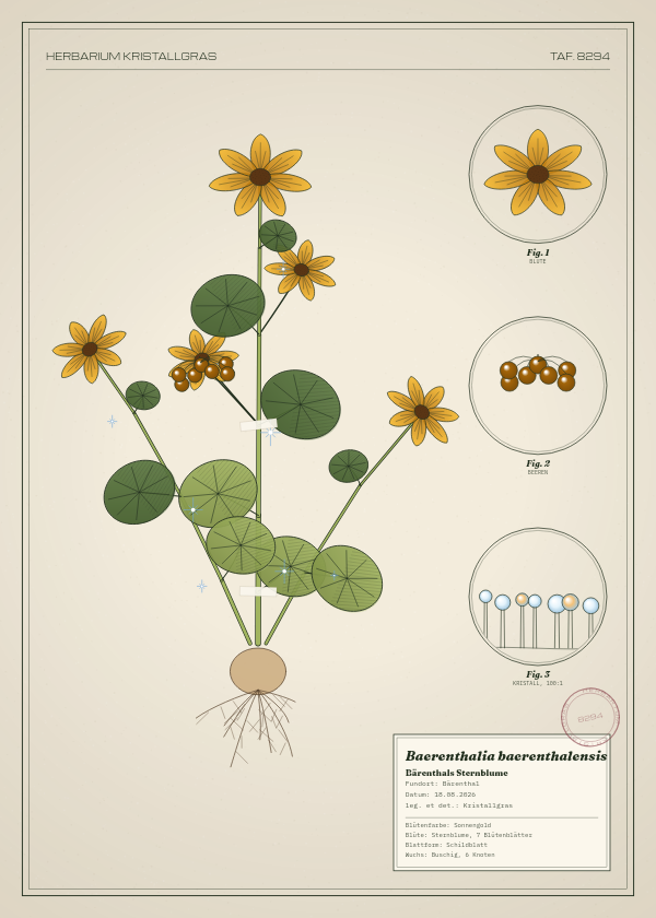 Botanische Tafel: Baerenthalia baerenthalensis, eine erfundene Pflanze aus Bärenthal, gezeichnet wie in einem alten Pflanzenatlas