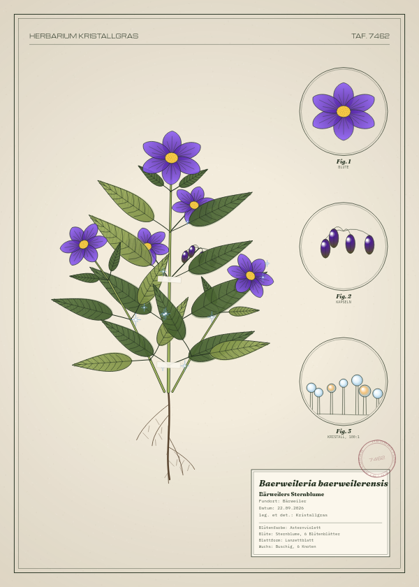Botanische Tafel: Baerweileria baerweilerensis, eine erfundene Pflanze aus Bärweiler, gezeichnet wie in einem alten Pflanzenatlas