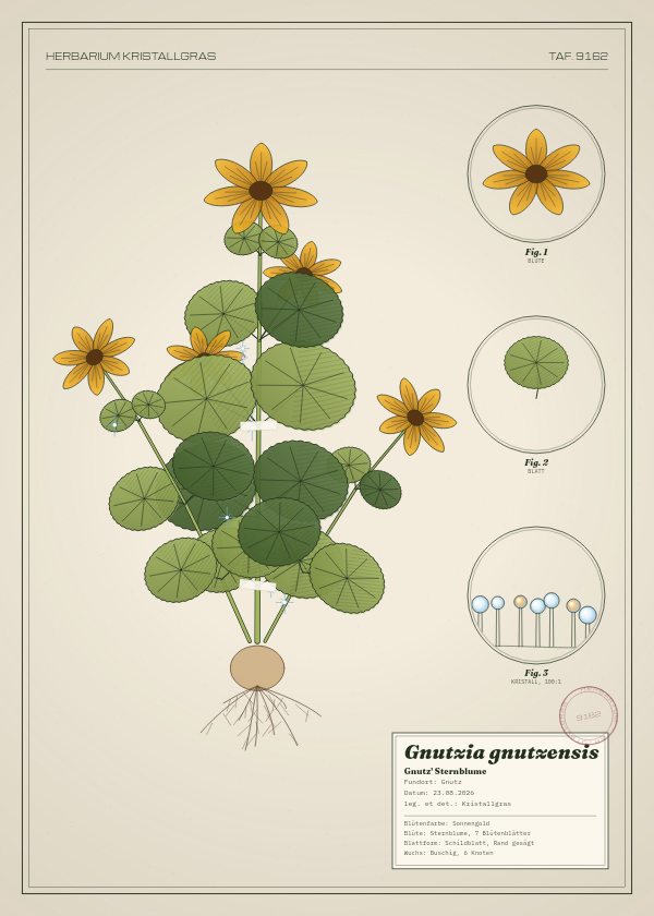 Botanische Tafel: Gnutzia gnutzensis, eine erfundene Pflanze aus Gnutz, gezeichnet wie in einem alten Pflanzenatlas