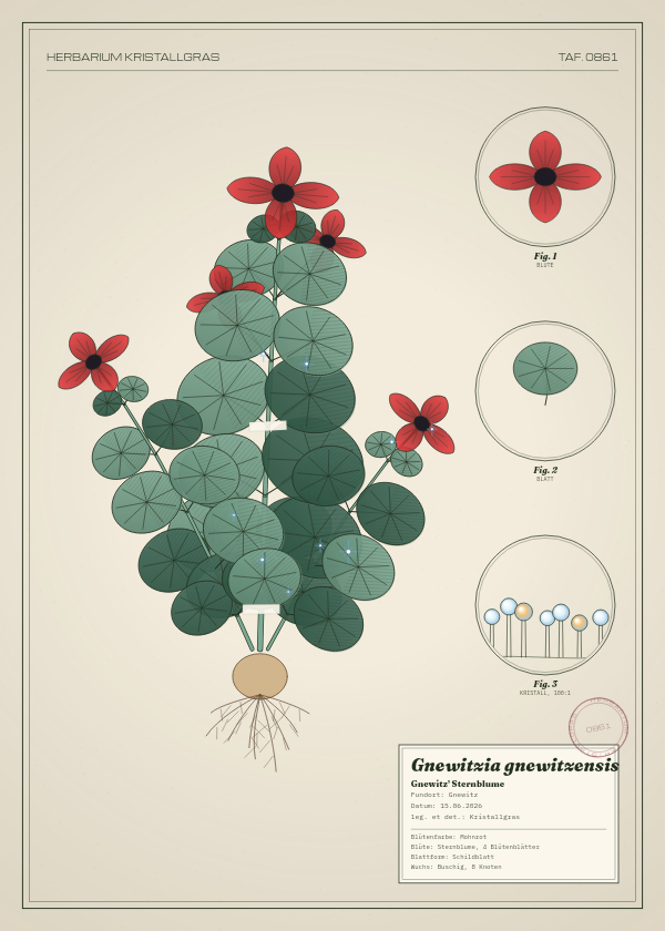 Botanische Tafel: Gnewitzia gnewitzensis, eine erfundene Pflanze aus Gnewitz, gezeichnet wie in einem alten Pflanzenatlas