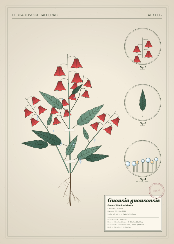 Botanische Tafel: Gneusia gneusensis, eine erfundene Pflanze aus Gneus, gezeichnet wie in einem alten Pflanzenatlas