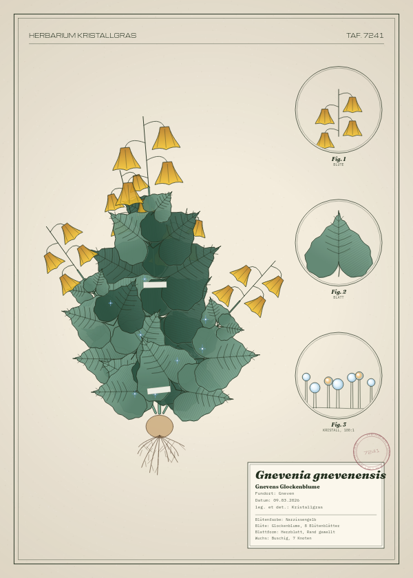 Botanische Tafel: Gnevenia gnevenensis, eine erfundene Pflanze aus Gneven, gezeichnet wie in einem alten Pflanzenatlas
