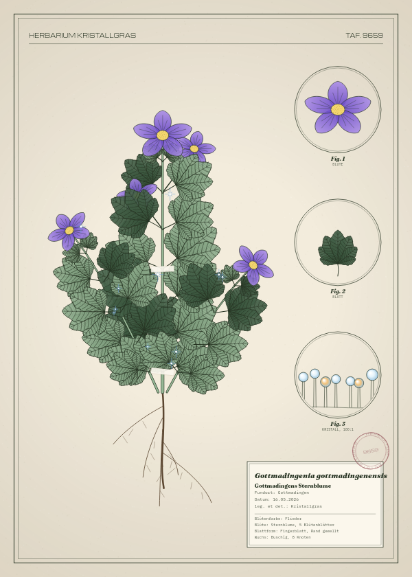 Botanische Tafel: Gottmadingenia gottmadingenensis, eine erfundene Pflanze aus Gottmadingen, gezeichnet wie in einem alten Pflanzenatlas