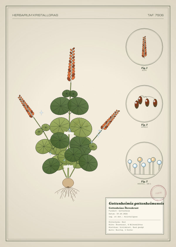 Botanische Tafel: Gottenheimia gottenheimensis, eine erfundene Pflanze aus Gottenheim, gezeichnet wie in einem alten Pflanzenatlas