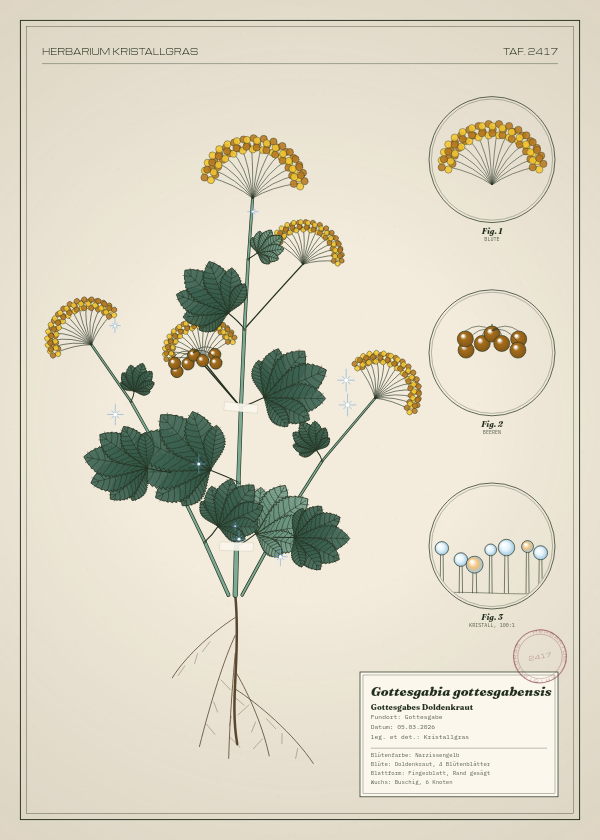 Botanische Tafel: Gottesgabia gottesgabensis, eine erfundene Pflanze aus Gottesgabe, gezeichnet wie in einem alten Pflanzenatlas