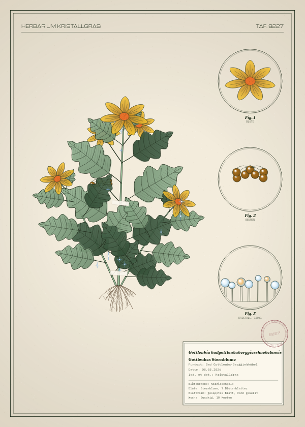 Botanische Tafel: Gottleubia badgottleubaberggiesshuebelensis, eine erfundene Pflanze aus Bad Gottleuba-Berggießhübel, gezeichnet wie in einem alten Pflanzenatlas