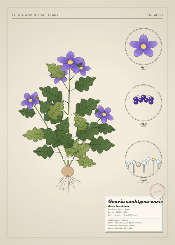 Botanische Tafel: Goaria sanktgoarensis, eine erfundene Pflanze aus Sankt Goar, gezeichnet wie in einem alten Pflanzenatlas