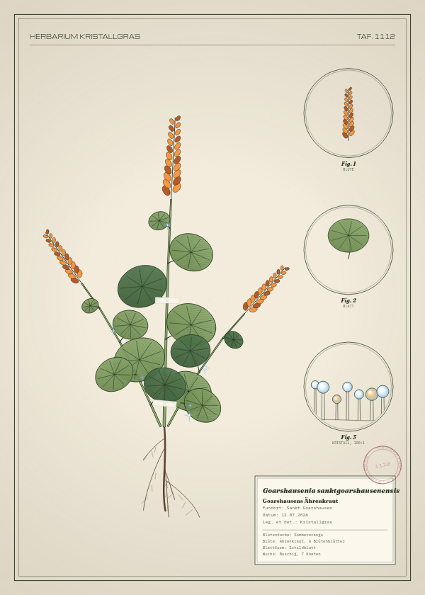 Botanische Tafel: Goarshausenia sanktgoarshausenensis, eine erfundene Pflanze aus Sankt Goarshausen, gezeichnet wie in einem alten Pflanzenatlas