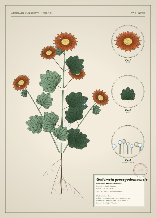 Botanische Tafel: Godemsia grossgodemsensis, eine erfundene Pflanze aus Groß Godems, gezeichnet wie in einem alten Pflanzenatlas