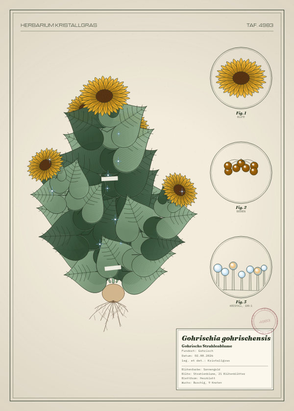 Botanische Tafel: Gohrischia gohrischensis, eine erfundene Pflanze aus Gohrisch, gezeichnet wie in einem alten Pflanzenatlas