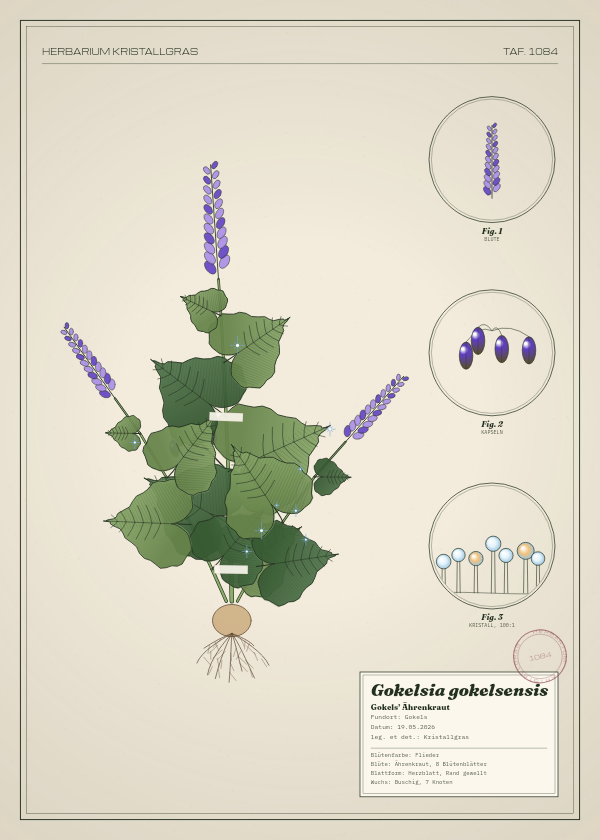 Botanische Tafel: Gokelsia gokelsensis, eine erfundene Pflanze aus Gokels, gezeichnet wie in einem alten Pflanzenatlas