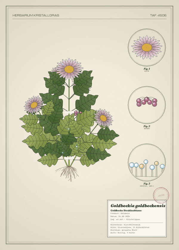 Botanische Tafel: Goldbeckia goldbeckensis, eine erfundene Pflanze aus Goldbeck, gezeichnet wie in einem alten Pflanzenatlas