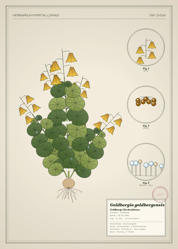 Botanische Tafel: Goldbergia goldbergensis, eine erfundene Pflanze aus Goldberg, gezeichnet wie in einem alten Pflanzenatlas