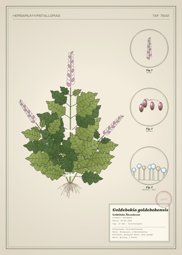 Botanische Tafel: Goldebekia goldebekensis, eine erfundene Pflanze aus Goldebek, gezeichnet wie in einem alten Pflanzenatlas