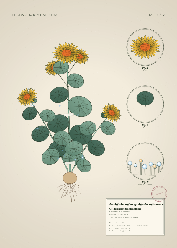 Botanische Tafel: Goldelundia goldelundensis, eine erfundene Pflanze aus Goldelund, gezeichnet wie in einem alten Pflanzenatlas