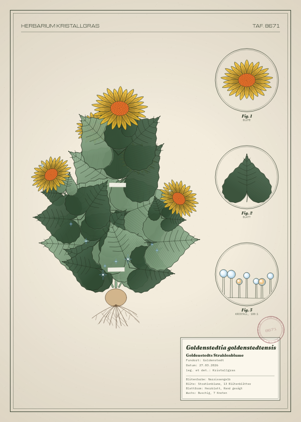Botanische Tafel: Goldenstedtia goldenstedtensis, eine erfundene Pflanze aus Goldenstedt, gezeichnet wie in einem alten Pflanzenatlas