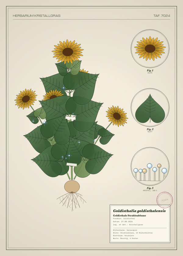 Botanische Tafel: Goldisthalia goldisthalensis, eine erfundene Pflanze aus Goldisthal, gezeichnet wie in einem alten Pflanzenatlas